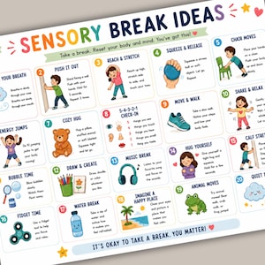 Sensory break ideas poster for kids with movement activities, calming exercises, brain breaks, and emotional regulation tools for classrooms and home