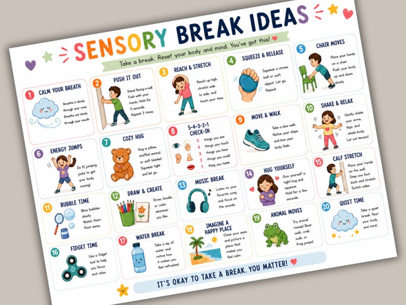 Sensory break ideas poster for kids with movement activities, calming exercises, brain breaks, and emotional regulation tools for classrooms and home