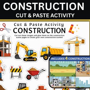 Könnte beinhalten: Ein Bastelset zum Thema Bauen. Das Bild zeigt verschiedene Baufahrzeuge und Elemente, darunter ein gelber Bagger, ein Muldenkipper und ein Bauarbeiter. Das Set enthält vier Baustellen.