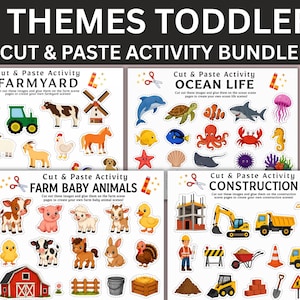 May include: A toddler activity bundle featuring four themes: Farmyard, Ocean Life, Farm Baby Animals, and Construction. Each theme includes cut-out images for creative play. The title text reads "4 Themes Toddler Cut & Paste Activity Bundle".