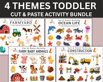 Toddler Activity Bundle, Cut and Paste Printable, Preschool Busy Book Pages, Ocean Farm Construction Baby Animals Craft Ages 2-5