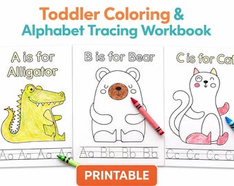 May include: A printable toddler coloring and alphabet tracing workbook. The workbook features three pages with illustrations of an alligator, a bear, and a cat. Each page includes the letter and tracing lines. Crayons are placed near each page.