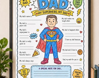 Feuille de travail imprimable Tout sur les papas pour la fête des pères, page d'activités pour papa, mon super-héros à remplir pour les enfants, feuille de coloriage pour la fête des pères au format PDF PDF PNG
