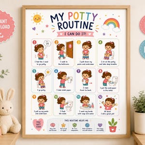Puede incluir: Un cuadro enmarcado "Mi rutina para ir al baño" con un marco de madera. El cuadro presenta una guía paso a paso con ilustraciones de un niño. El texto incluye "¡Puedo hacerlo!" y "Descarga instantánea". Una pegatina rosa y azul está a la derecha.