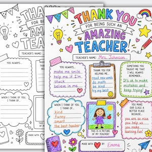 Puede incluir: Una página para colorear en blanco y negro con el texto "Thank You For Being Such An Amazing Teacher!" y secciones para completar. Incluye ilustraciones de una bombilla, un arcoíris y un estudiante sosteniendo una manzana.