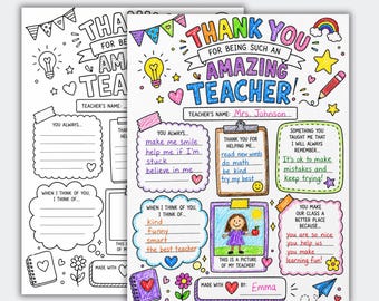 May include: A black and white coloring page with the text "Thank You For Being Such An Amazing Teacher!" and fill-in-the-blank sections. Includes illustrations of a lightbulb, rainbow, and a student holding an apple.