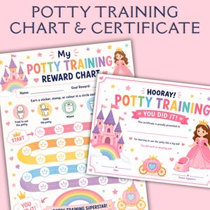 Op de afbeelding: Een zindelijkheidstraining beloningskaart en certificaatset met een illustratie van een roze kasteel, regenboog en prinses. De kaart bevat ruimtes voor een naam, doelbeloning en kroonvormige cirkels. Het certificaat vermeldt HOORAY! POTTY TRAINING YOU DID IT! met lijnen voor naam, datum en handtekening.