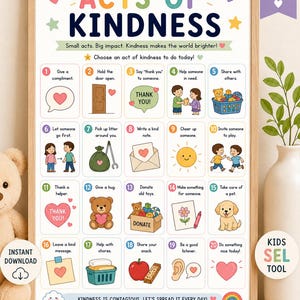 Puede incluir: Un póster enmarcado titulado "Actos de bondad" con ilustraciones coloridas de actos amables. El póster incluye texto como "Da un cumplido" y "Comparte tu merienda". Está diseñado para el hogar, el aula y los espacios de asesoramiento.