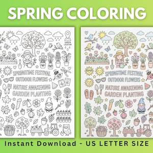 Pode incluir: Páginas para colorir da primavera com ilustrações com tema de jardim. Inclui imagens de flores, ferramentas de jardinagem e o texto "Springtime Festival, Outdoor Flowers, Nature Awakening, Garden Planting." O texto "Instant Download - US LETTER SIZE" também é visível.