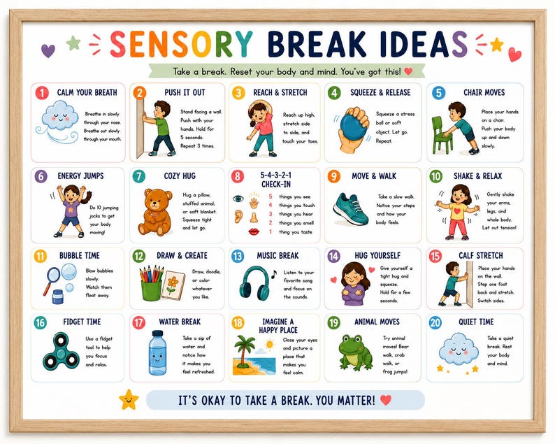 Sensory Break Ideas Poster for Kids, Calm Down Corner Printable, ADHD ...