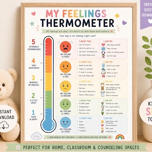 May include: A framed poster titled "My Feelings Thermometer" featuring a thermometer graphic and emotional states. Includes "I Might Feel" and "I Can Try" sections. Text: "Perfect for home, classroom & counselling spaces."