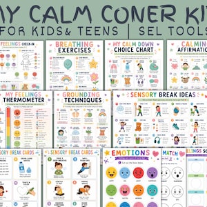 Op de afbeelding: Een verzameling kleurrijke educatieve posters getiteld "MY CALM CORNER KIT" voor kinderen en tieners. De posters behandelen onderwerpen als gevoelens check-in, ademhalingsoefeningen, aardingstechnieken en ideeën voor sensorische pauzes. De posters bevatten illustraties en tekst.