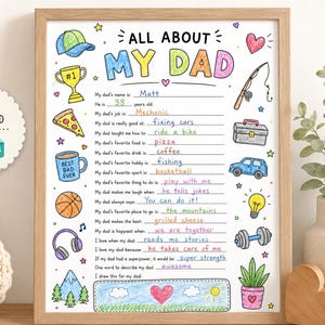 Puede incluir: Un imprimible enmarcado y colorido "All About My Dad" dibujado a mano. La obra de arte incluye ilustraciones de un trofeo, pizza, taza de café, baloncesto y otros iconos, con indicaciones para completar sobre los favoritos de papá.