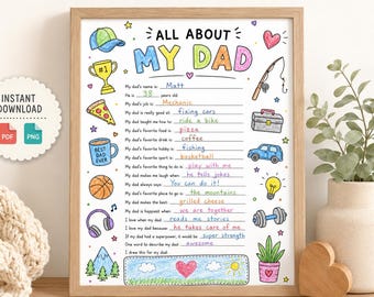 Father's Day Printable Questionnaire Activity, All About My Dad Worksheet, Kids Fill In Sheet, Dad Keepsake Gift, Instant Download PDF