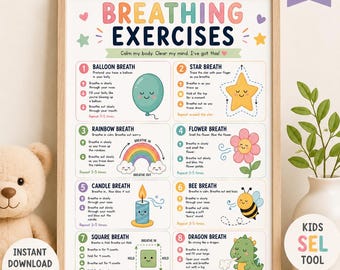Breathing Exercises for Kids Printable, Calm Down Corner Poster, Kids Mindfulness Chart, SEL Classroom Tool, Anxiety Coping Skills
