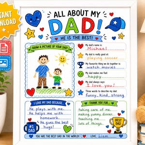Todo sobre mi papá (imprimible), regalo neutro para el Día del Padre de parte de los niños, hoja de trabajo minimalista para papá, hoja de actividades escandinava para niños, manualidad preescolar
