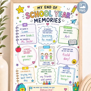 May include: A framed printable school memory keepsake with colorful illustrations and text. The design includes spaces for personal details, such as name, grade, and favorite subject. The text includes "My End of School Year Memories" and "Instant Download."
