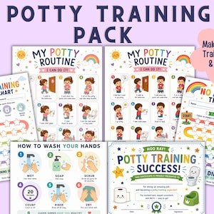 Op de afbeelding: Een zindelijkheidstraining-pakket met diverse kleurrijke grafieken en certificaten. Bevat My Potty Routine, My Potty Training Reward Chart, My No Accident Tracker, How to Wash Your Hands en een geïllustreerd Potty Training Success certificaat.