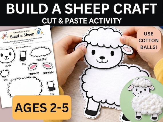 Sheep Craft Printable Build a Sheep Cut & Paste Activity Cotton Ball Craft for Kids Preschool Farm Activity Ages 2-5