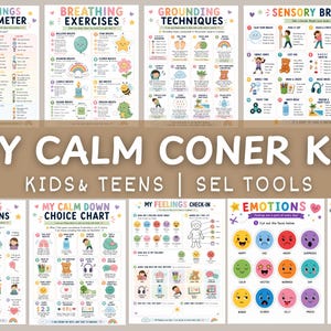 Può includere: Una collezione di poster educativi colorati per bambini e adolescenti, con titoli come "My Feelings Thermometer", "Breathing Exercises" e "Sensory Break Ideas". I poster sono progettati per aiutare con la regolazione emotiva e la consapevolezza di sé.