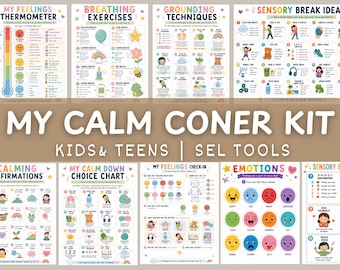 Calm Corner Kit Printable Kids & Teens SEL Emotional Regulation Posters, Calm Down Corner Bundle, Coping Skills Charts, Feelings Thermometer