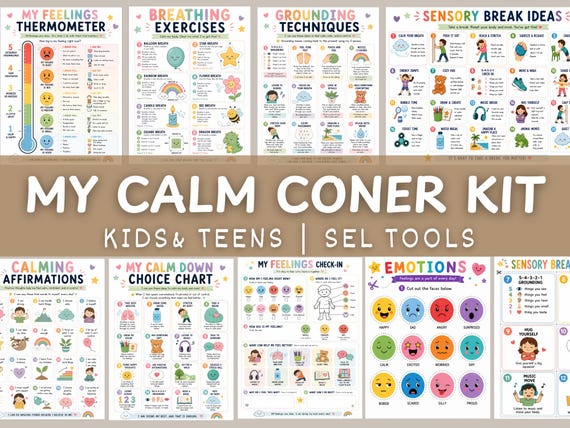 Calm Corner Kit Printable Kids & Teens SEL Emotional Regulation Posters, Calm Down Corner Bundle, Coping Skills Charts, Feelings Thermometer