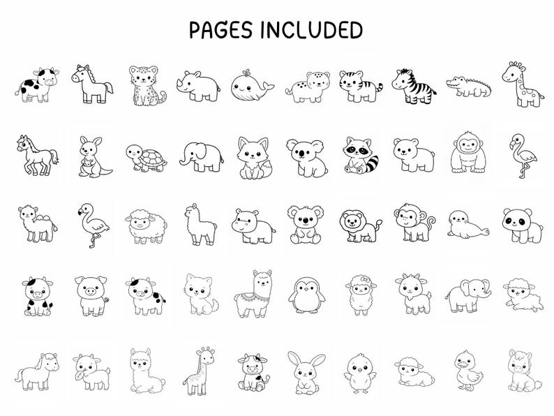 50 Easy animal coloring pages for toddlers featuring simple animals and bold lines for early learning activities.