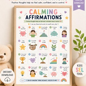以下が含まれることがあります： 「Calming Affirmations」と題されたフレーム入りのプリントで、カラフルなイラストと肯定的なアファメーションが特徴です。「私は強い」や「私は落ち着きを選ぶ」などのフレーズが含まれています。このプリントは、家庭、教室、カウンセリングスペース向けに設計されています。インスタントデジタルダウンロードです。