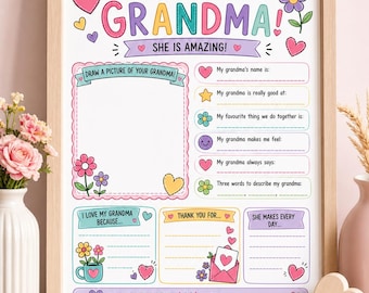 Tout sur ma grand-mère à imprimer, cadeau grand-mère des enfants, feuille de travail pour grand-mère pour la fête des mères, activité de page de coloriage pour grand-mère, travaux manuels de grand-mère d'âge préscolaire