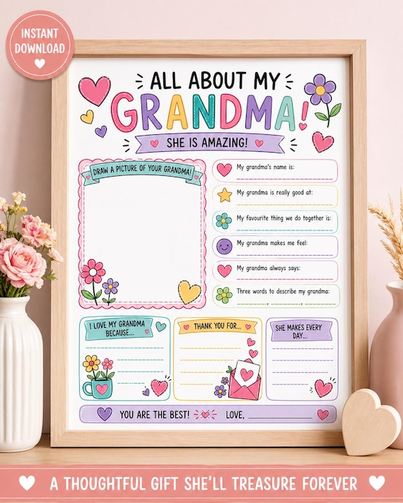All About My Grandma Printable, Grandma Gift from Kids, Mothers Day Grandma Worksheet, Nana Coloring Page Activity, Preschool Grandma Craft