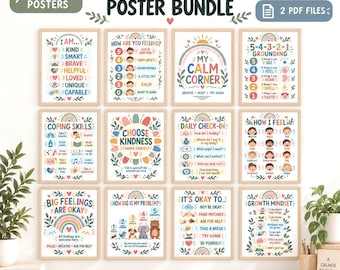 Set van 12 posters voor de rusthoek in de klas, SEL-posters voor kinderen, decoratie voor schoolbegeleiders, emotionele regulatie en copingvaardigheden.