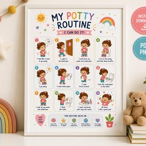 May include: A framed "My Potty Routine" chart with illustrations of a child following a 12-step process. The chart includes text such as "I can do it!" and "You got this!" with a rainbow, sun, and stars. The chart is designed for children.