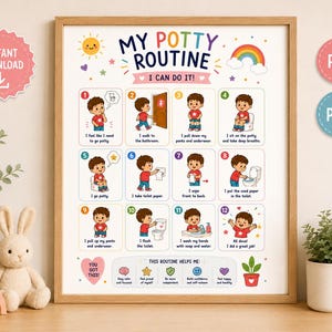 Può includere: Un poster educativo incorniciato intitolato My Potty Routine I Can Do It con dodici illustrazioni numerate che mostrano i passaggi per l'addestramento al vasino, tra cui un sole sorridente, un arcobaleno e una sezione sui benefici.