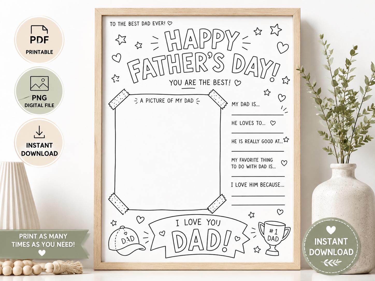Happy Father's Day Coloring Page Printable Father's Day Card for Dad ...