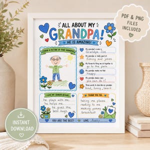 May include: A framed, colorful print titled "All About My Grandpa!" with handwritten style text and illustrations. The print includes fill-in-the-blank sections and a drawing area, perfect for a personalized gift.