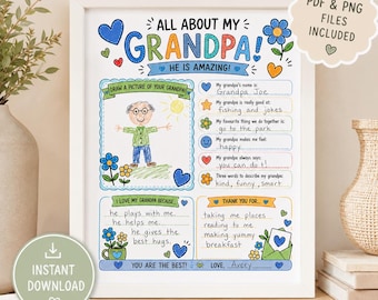 Hoja de trabajo imprimible "Todo sobre mi abuelo" para niños, actividad para completar espacios en blanco sobre el abuelo, regalo del Día del Padre de parte de los niños, recuerdo del cumpleaños del abuelo.