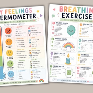 Feelings thermometer and breathing exercises printable posters for kids featuring coping skills, emotional awareness, calming strategies, and SEL support tools