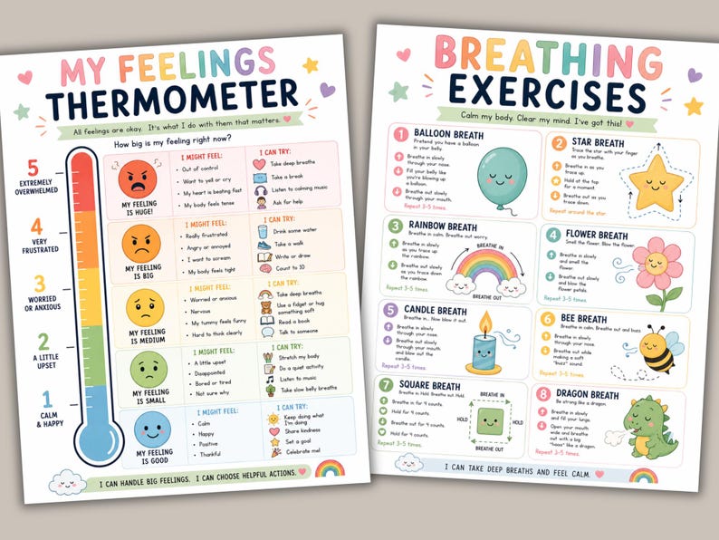 Feelings thermometer and breathing exercises printable posters for kids featuring coping skills, emotional awareness, calming strategies, and SEL support tools