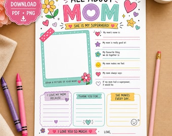 Tout sur la maman à imprimer, feuille de travail pour la fête des mères pour les enfants, page à remplir pour maman, feuille d'activités pour les enfants, téléchargement immédiat au format PDF