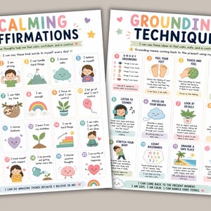 Calming affirmations and grounding techniques posters for kids with mindfulness exercises, positive affirmations, and emotional regulation activities for calm corners
