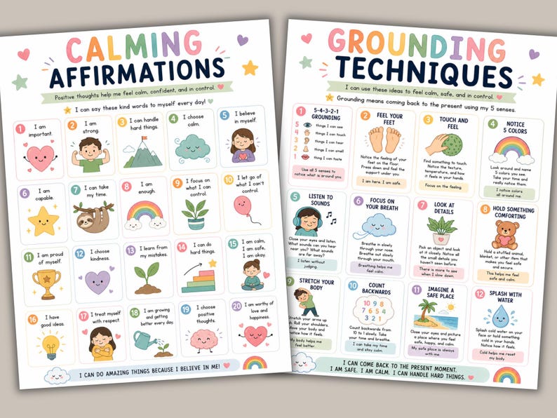 Calming affirmations and grounding techniques posters for kids with mindfulness exercises, positive affirmations, and emotional regulation activities for calm corners