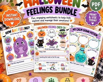 Halloween-gevoelens werkbladen voor kinderen, emotiecheck, kalmeringsactiviteiten, printbaar materiaal voor sociaal-emotioneel leren, therapie voor ADHD en autisme, PDF voor kleuters