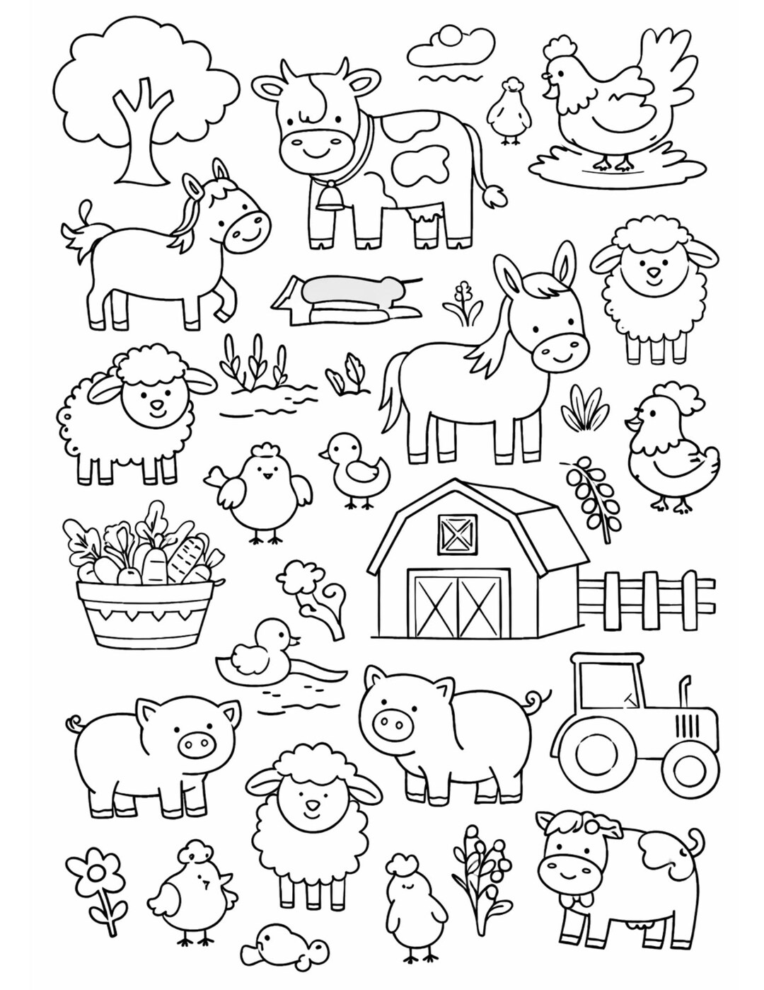 Farm Animals Coloring Page for Toddlers: Tractor, Barn, Doodles (PDF ...