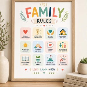 Op de afbeelding: Een ingelijste wandprint met de titel FAMILY RULES met twaalf kleurrijke vierkanten met iconen en tekst, waaronder BE KIND TO EACH OTHER, LISTEN WHEN SOMEONE TALKS, RESPECT EVERYONE, TAKE CARE OF OUR HOME, BE POSITIVE AND HAPPY, ENCOURAGE EACH OTHER, USE KIND WORDS, SPEND QUALITY TIME TOGETHER, KEEP LEARNING EVERY DAY, BE HONEST ALWAYS, DO YOUR BEST AND KEEP TRYING, en CELEBRATE THE LITTLE WINS, met onderaan LOVE LAUGH GROW.