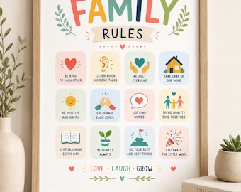 Family Rules Printable Poster, Kids Family Rules Chart, Positive Parenting Wall Art Colorful Family Values Print Instant Download PDF PNG