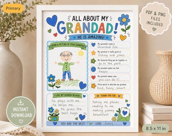 All About My Grandad Printable Worksheet for Kids, Grandad Fill In the Blank Activity, Father’s Day Gift from Kids Grandad Birthday Keepsake