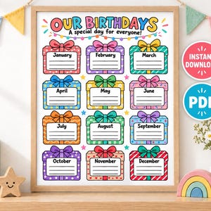 Puede incluir: Un póster colorido para el seguimiento de cumpleaños con el texto OUR BIRTHDAYS A special day for everyone! y doce cajas con forma de regalo para cada mes, cada una con líneas en blanco para escribir nombres y fechas.
