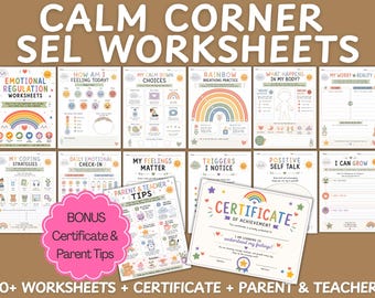 Calm Coner Printable Worksheets and Emotional Regulation Kit for Kids, Calm Down Corner Kit, Feelings Check In, Coping Skills, SEL Therapy
