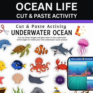 Könnte beinhalten: Ein farbenfrohes "Cut & Paste Activity"-Blatt mit verschiedenen Cartoon-Meeresbewohnern wie einem Delfin, einer Schildkröte und einem Oktopus. Der Text lautet "UNDERWATER OCEAN" und "INCLUDES 4 OCEAN SCENES". Enthält eine Schere und eine Schatzkiste.