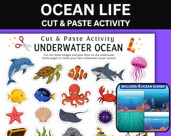 Ocean Cut and Paste Activity for Toddlers, Ocean Animals Printable, Preschool Scissor Skills Craft, Under the Sea Busy Book Pages